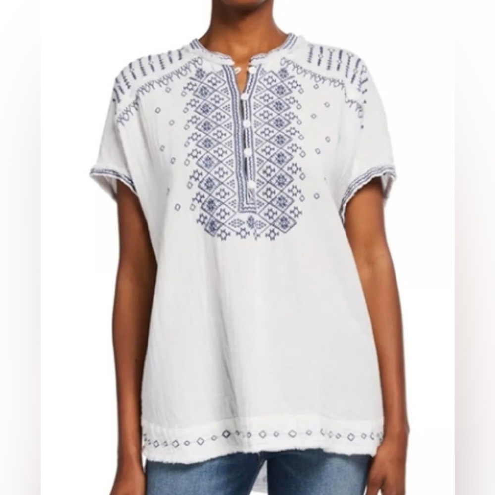 Johnny Was Pete & Greta Horatio ‘peasant’ blouse White & Navy Blue embroidery